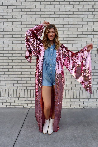 Pink Sequin Bell Sleeve Kimono / Festival Robe / Sequin Kaftan