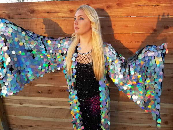 Holographic Silver Rainbow Sequin Kimono ⎪ Long Wizard Bell Sleeve ⎪ Music Festival