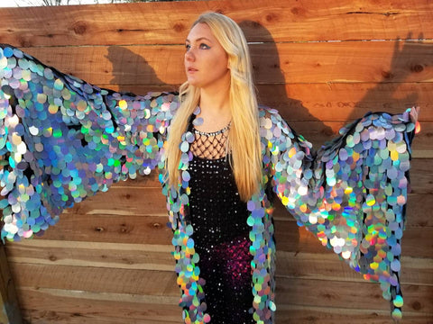 Holographic Silver Rainbow Sequin Kimono ⎪ Long Wizard Bell Sleeve ⎪ Music Festival