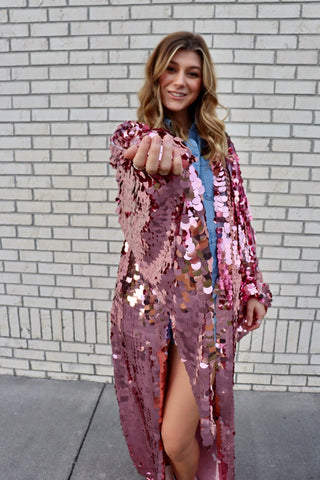 Pink Sequin Bell Sleeve Kimono / Festival Robe / Sequin Kaftan