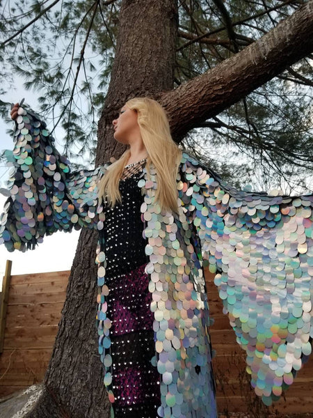 Holographic Silver Rainbow Sequin Kimono ⎪ Long Wizard Bell Sleeve ⎪ Music Festival