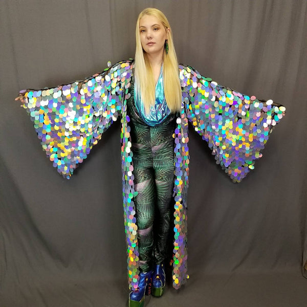 Holographic Silver Rainbow Sequin Kimono ⎪ Long Wizard Bell Sleeve ⎪ Music Festival