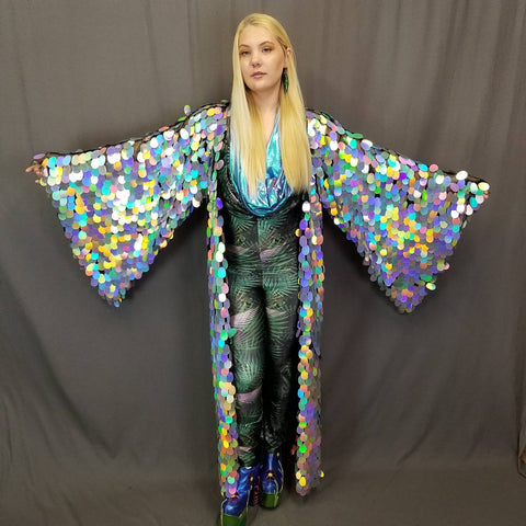 Holographic Silver Rainbow Sequin Kimono ⎪ Long Wizard Bell Sleeve ⎪ Music Festival