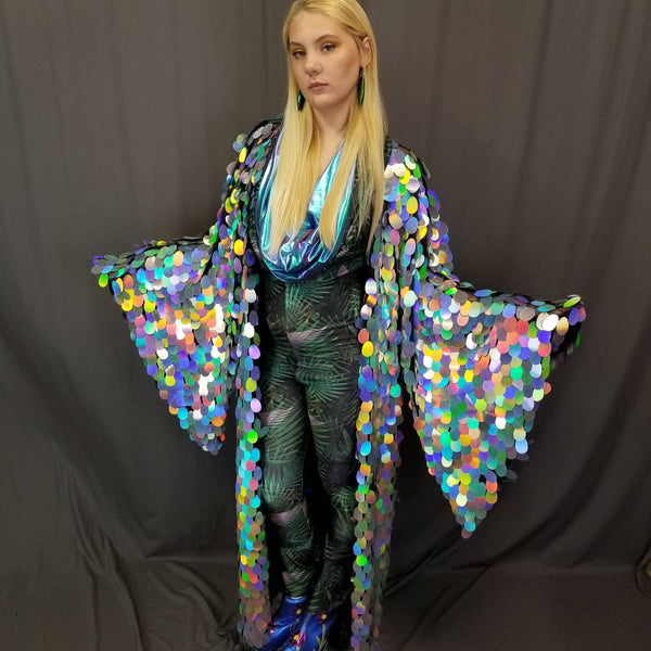 Holographic Silver Rainbow Sequin Kimono ⎪ Long Wizard Bell Sleeve ⎪ Music Festival