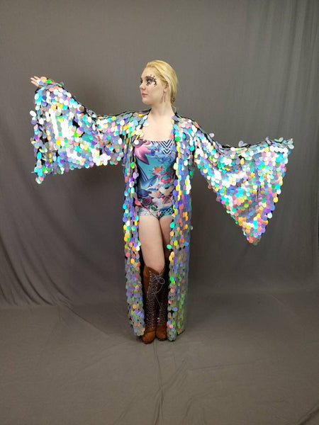 Holographic Silver Rainbow Sequin Kimono ⎪ Long Wizard Bell Sleeve ⎪ Music Festival
