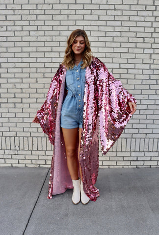 Pink Sequin Bell Sleeve Kimono / Festival Robe / Sequin Kaftan