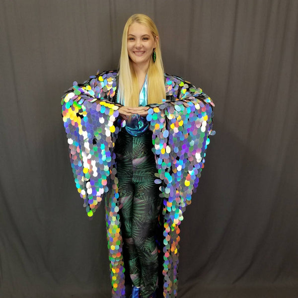 Holographic Silver Rainbow Sequin Kimono ⎪ Long Wizard Bell Sleeve ⎪ Music Festival