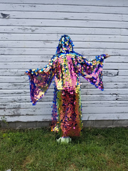 Jumbo Iridescent Fire Sequin Kimono Hooded| Size Inclusive Kimono | Rave Kimono | Burning Man ⎪ Long Wizard Bell Sleeve ⎪ Music Festival
