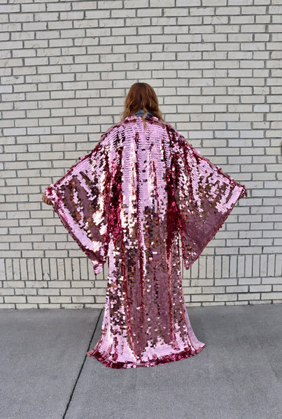 Pink Sequin Bell Sleeve Kimono / Festival Robe / Sequin Kaftan
