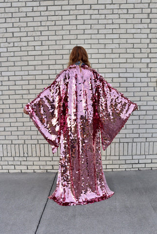 Pink Sequin Bell Sleeve Kimono / Festival Robe / Sequin Kaftan