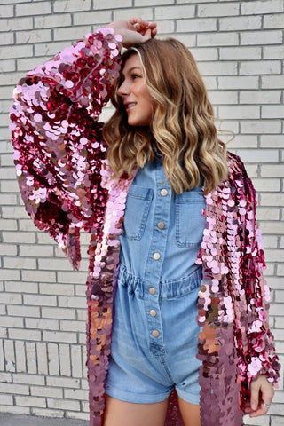 Pink Sequin Bell Sleeve Kimono / Festival Robe / Sequin Kaftan