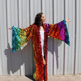 Rainbow Pride Sequin Bell Sleeve Kimono Inspired Festival Robe Plus Size Available