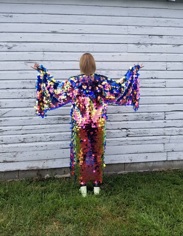 Jumbo Iridescent Fire Sequin Kimono Hooded| Size Inclusive Kimono | Rave Kimono | Burning Man ⎪ Long Wizard Bell Sleeve ⎪ Music Festival