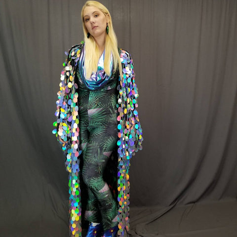 Holographic Silver Rainbow Sequin Kimono ⎪ Long Wizard Bell Sleeve ⎪ Music Festival
