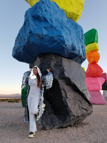 Holographic Silver Rainbow Mermaid Hooded Sequin Kimono | Long Rave Wizard Bell SleeveS