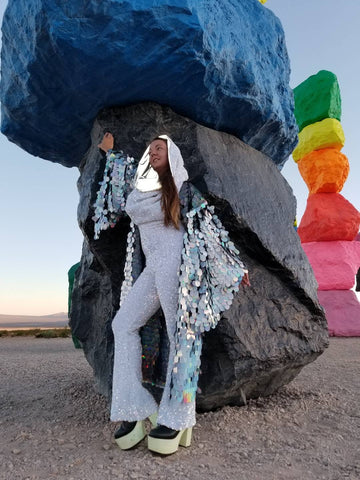 Holographic Silver Rainbow Mermaid Hooded Sequin Kimono | Long Rave Wizard Bell SleeveS