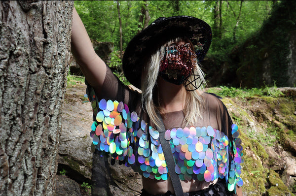 Sheer Boxy Sequin Crop Top - High Low Black Mesh Holographic Sequin Rave Top