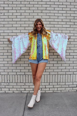 Orange and White Bell Sleeve Short Kimono