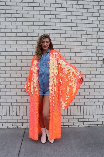 Iridescent Orange Bell Sleeve Kimono
