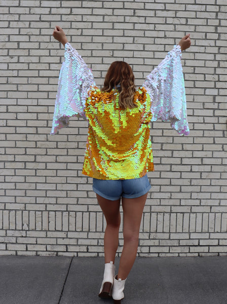 Orange and White Bell Sleeve Short Kimono
