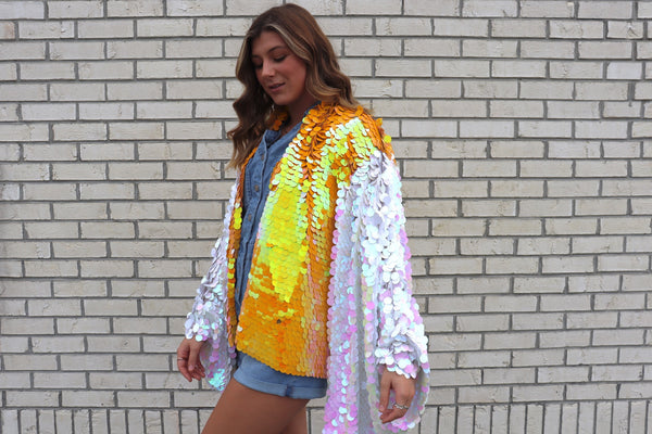 Orange and White Bell Sleeve Short Kimono