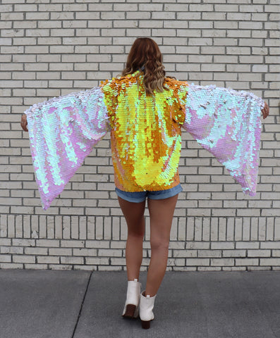 Orange and White Bell Sleeve Short Kimono