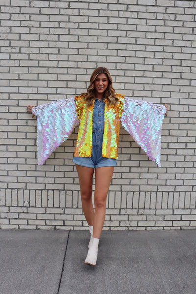 Orange and White Bell Sleeve Short Kimono