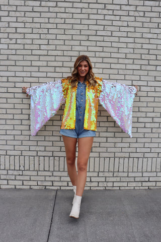 Orange and White Bell Sleeve Short Kimono