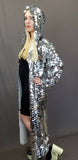 Disco Ball Silver Sequin Kimono / Festival Robe / Long Sleeve Hooded Kimono / Maxi Length / Hooded