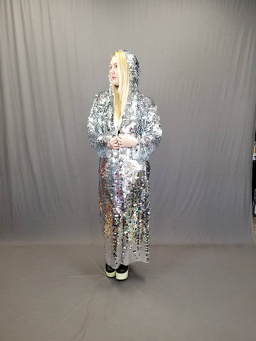 Disco Ball Silver Sequin Kimono / Festival Robe / Long Sleeve Hooded Kimono / Maxi Length / Hooded