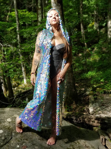 Holographic Glitter Iridescent Sequin Kimono / Hooded / Sleeveless / Maxi / Duster