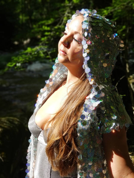 Holographic Glitter Iridescent Sequin Kimono / Hooded / Sleeveless / Maxi / Duster