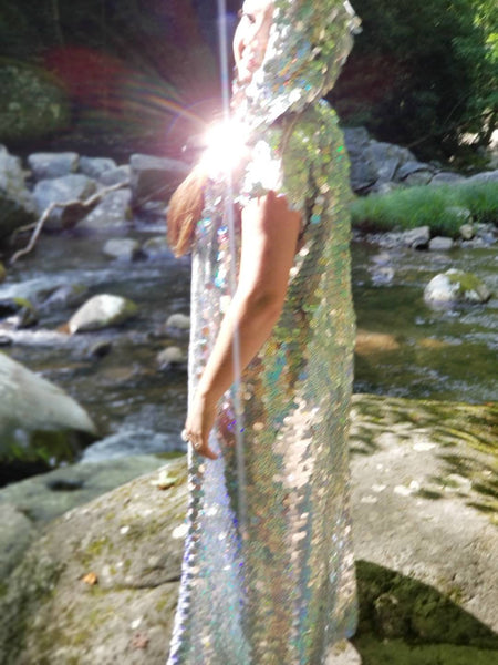 Holographic Glitter Iridescent Sequin Kimono / Hooded / Sleeveless / Maxi / Duster