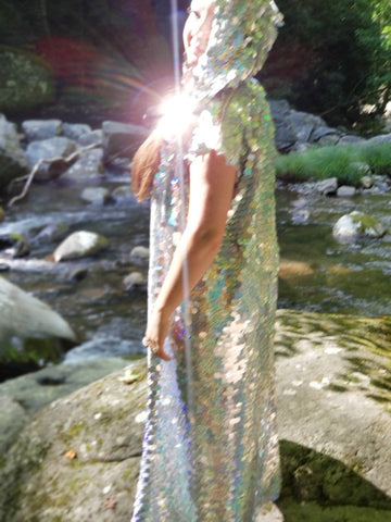 Holographic Glitter Iridescent Sequin Kimono / Hooded / Sleeveless / Maxi / Duster