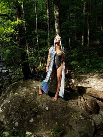 Holographic Glitter Iridescent Sequin Kimono / Hooded / Sleeveless / Maxi / Duster