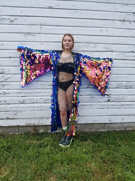 Jumbo Iridescent Fire Sequin Kimono Hooded| Size Inclusive Kimono | Rave Kimono | Burning Man ⎪ Long Wizard Bell Sleeve ⎪ Music Festival