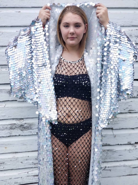 Holographic Rainbow Silver Glitter Sequin Hooded Kimono Robe | Rave Kimono ⎪ Long Wizard Bell Sleeve