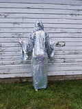 Holographic Rainbow Silver Glitter Sequin Hooded Kimono Robe | Rave Kimono ⎪ Long Wizard Bell Sleeve