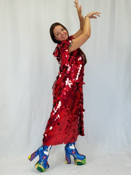Holographic Red Glitter Iridescent Sequin Kimono / Hooded / Sleeveless / Maxi / Duster