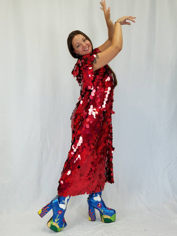 Holographic Red Glitter Iridescent Sequin Kimono / Hooded / Sleeveless / Maxi / Duster