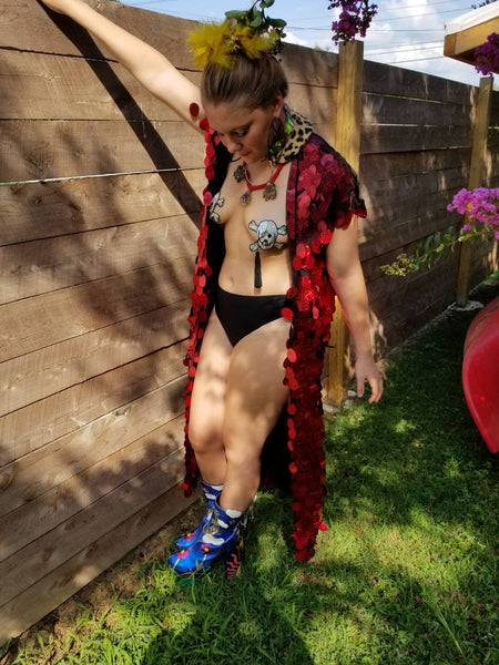 Holographic Red Glitter Iridescent Sequin Kimono / Hooded / Sleeveless / Maxi / Duster