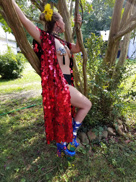 Holographic Red Glitter Iridescent Sequin Kimono / Hooded / Sleeveless / Maxi / Duster