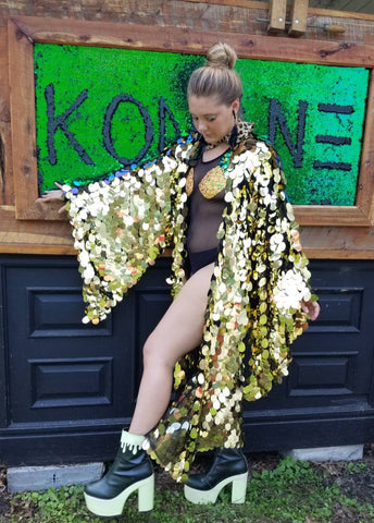 Gold Disco Ball Sequin Kimono | Rave Kimono | Burning Man⎪Bell Sleeve⎪Music Festival / Burlesque