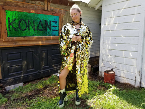 Gold Disco Ball Sequin Kimono | Rave Kimono | Burning Man⎪Bell Sleeve⎪Music Festival / Burlesque