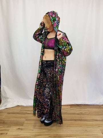 Hooded Floral Sequin Duster / Long Sheer Coat / Mesh Robe / Flower Lace Jacket / Sequin Kimono