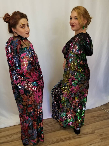 Hooded Floral Sequin Duster / Long Sheer Coat / Mesh Robe / Flower Lace Jacket / Sequin Kimono