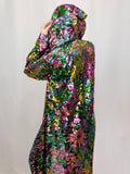 Hooded Floral Sequin Duster / Long Sheer Coat / Mesh Robe / Flower Lace Jacket / Sequin Kimono