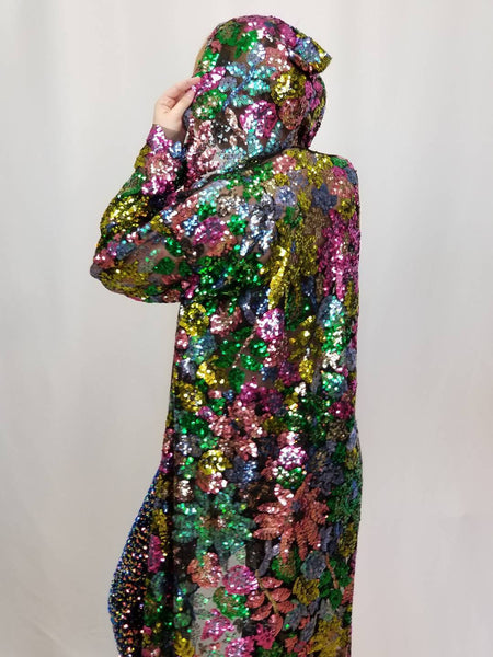 Hooded Floral Sequin Duster / Long Sheer Coat / Mesh Robe / Flower Lace Jacket / Sequin Kimono