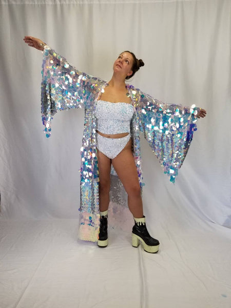 Holographic Iridescent Stripe Sequin Kimono | Plus Size Kimono | Rave | Burning Man ⎪ Wizard Bell Sleeve ⎪ Music Festival