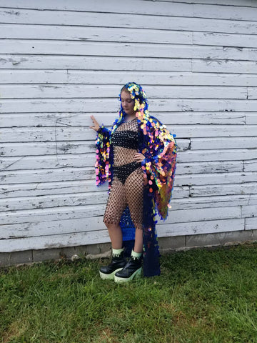 Jumbo Iridescent Fire Sequin Kimono Hooded| Size Inclusive Kimono | Rave Kimono | Burning Man ⎪ Long Wizard Bell Sleeve ⎪ Music Festival
